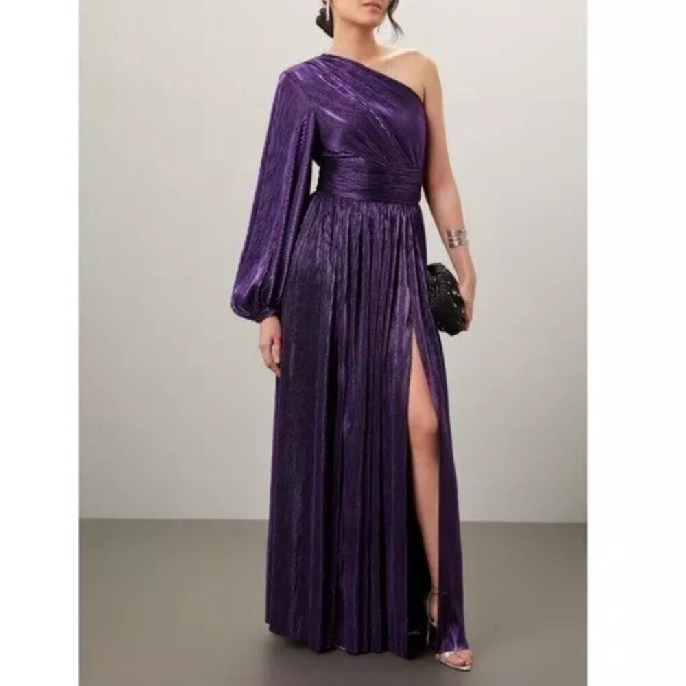 Bronx and Banco Women’s Florence Purple Metallic Pleated One Shoulder Gown Sz XS